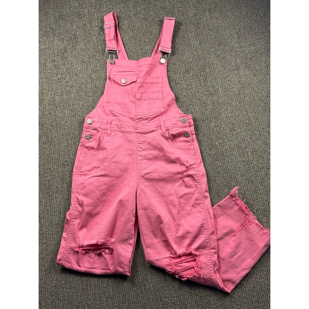 Risen Jean High Rise Distressed Overalls Womens S Cropped Pink